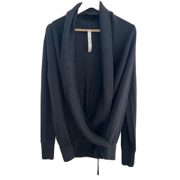 LULULEMON Black Knit 100% Merino Wool Sweater MINT Tie Cinch Waist (C1) - Picture 1 of 9